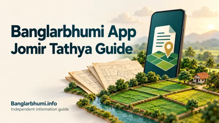 Banglarbhumi app guide illustration showing a phone, land records and agricultural plots
