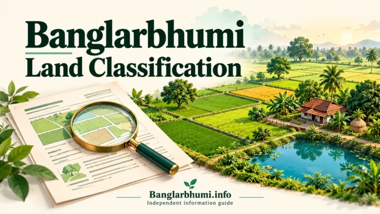 Land record illustration beside agricultural fields, a homestead and a pond in West Bengal.