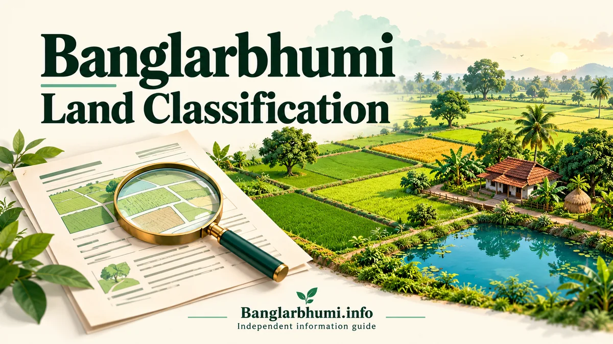 Land record illustration beside agricultural fields, a homestead and a pond in West Bengal.