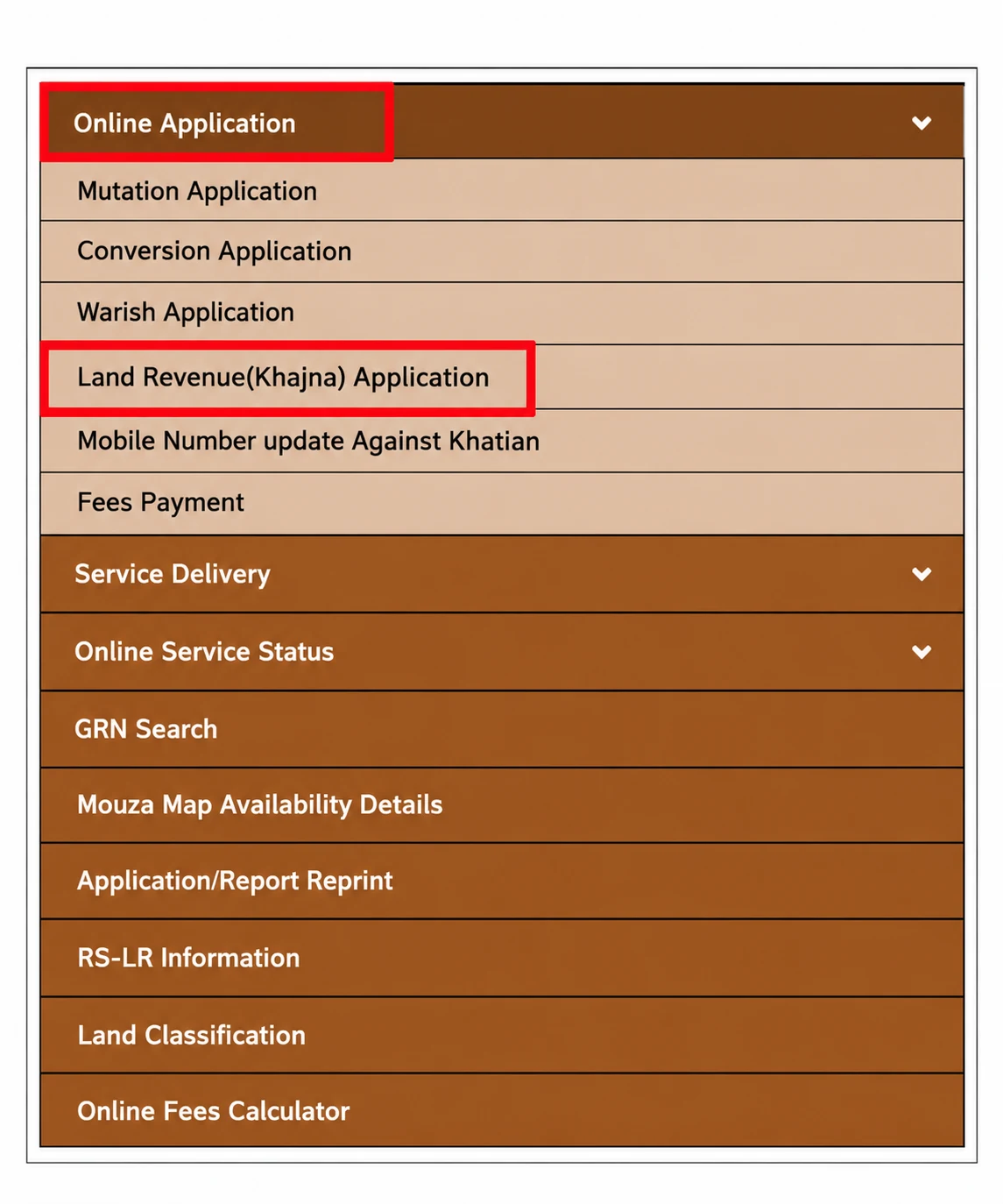 Citizen Services menu highlighting Land Revenue Khajna Application