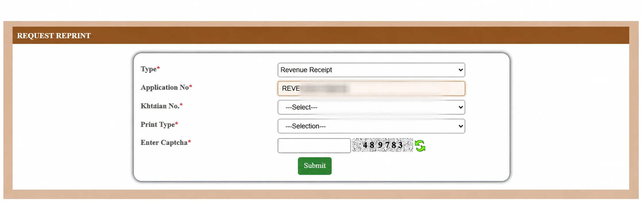 Revenue Receipt reprint reference showing application Khatian and print type fields